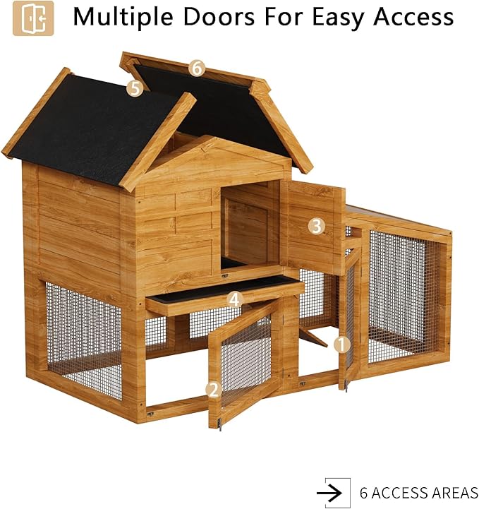 GarveeLife Rabbit Cage, Outdoor Weatherproof Bunny House Wooden, Indoor Bunny Cage with Run, Rabbit Hutch with Removable Tray, Grid Fences, Ramp 53.15" L x 23.62W 37.8" H Wood Color