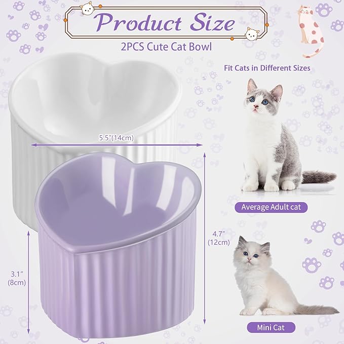 Mumufy 2 Pcs Ceramic Elevated Cat Bowls Tilted Elevated Raised Pet Bowls Anti Vomit Cat Dish for Indoor Stress Free Water Dish Feeder for Puppies, Heart Shaped(White, Purple)