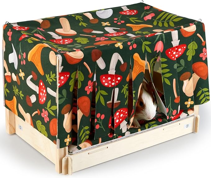 Glittme Guinea Pig Hideout, Wooden Guinea Pig Bed with Waterproof Mat, Durable Rabbit Bed with Door Curtain for Guinea Pig, Rabbit, Ferret, Squirrel, Bunny