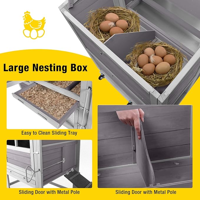Aivituvin Chicken Coop Hen House, Large Outdoor Wooden Poultry Cage with Ramps, Run, Nesting Box, Removable Tray, Weather-Proof Chicken Cage (Grey, AIR31)