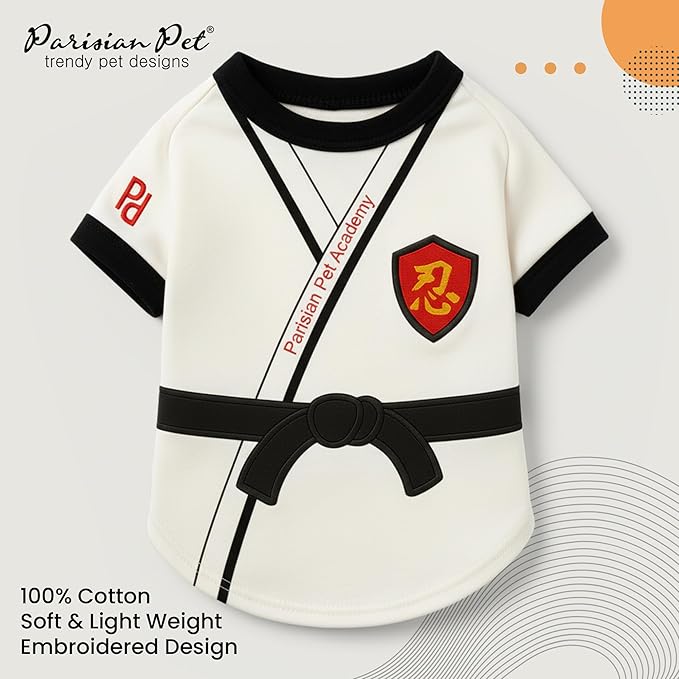Parisian Pet Dog Karate Academy Shirt - Embroidered Pet Vest - 100% Cotton & Polyester Doggy Shirt - Lightweight Pet Clothes - Sleeved Puppy Costume - Funny Shirts for Large Dogs - L