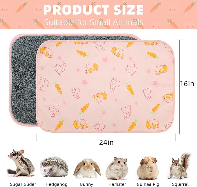 Homimp 2 Pack Guinea Pig Cage Liners,Washable Small Animal Bedding,Waterproof Reusable & Anti Slip Guinea Pig Pee Pad Fast and Super Absorbent Mat for Small Animal Rabbit Bunny Hamster,Pink 16"x24"