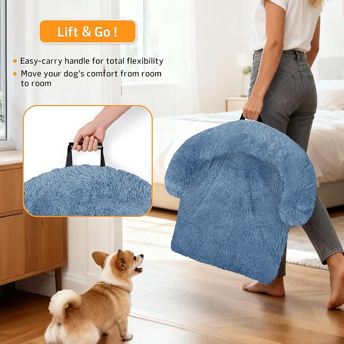GGIB Calming Dog Bed Fluffy Plush Dog Mat for Furniture Protector with Removable Washable Cover for Large Medium Small Dogs and Cats (Medium, Navy)