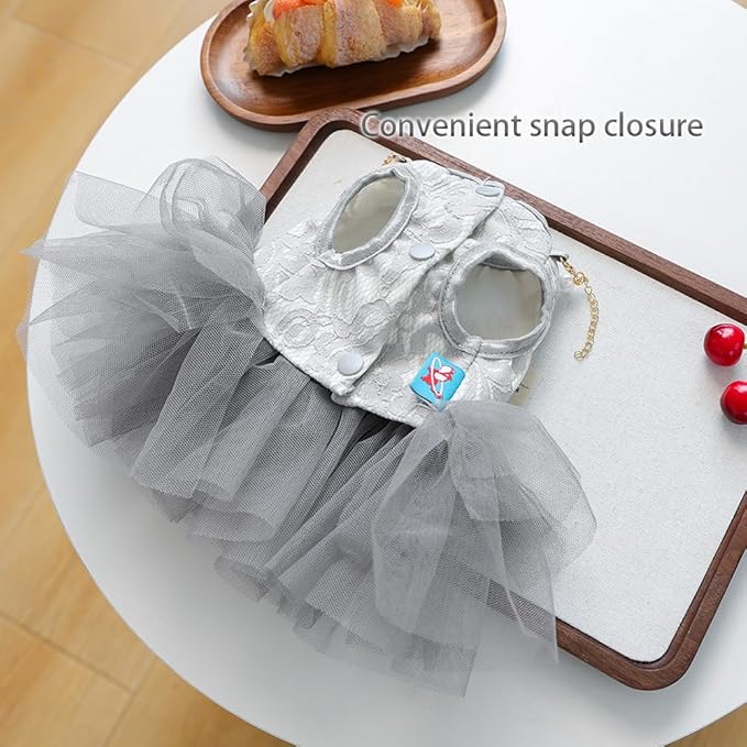 ANIAC Gray Dog Dress for Small Dogs Female,Bow Knot Girl Puppy Clothes with Detachable Pearl Necklace, Elegant Cat Dress, Formal Pet Pary Outfit for Wedding Birthday Valentines (Gray, Medium)