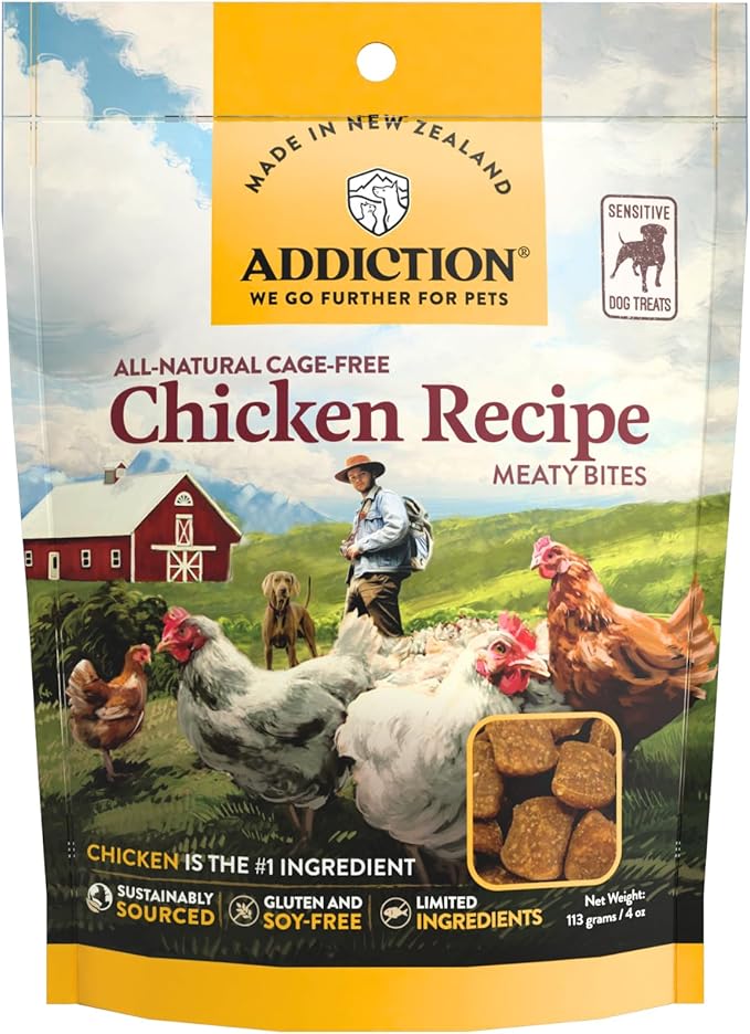 Addiction Meaty Bites Chicken Recipe - Dog Treats - Crafted in New Zealand - High Meat Content - Grain and Gluten-Free - Soft and Allergy Friendly Dog Treats - 4 Ounces