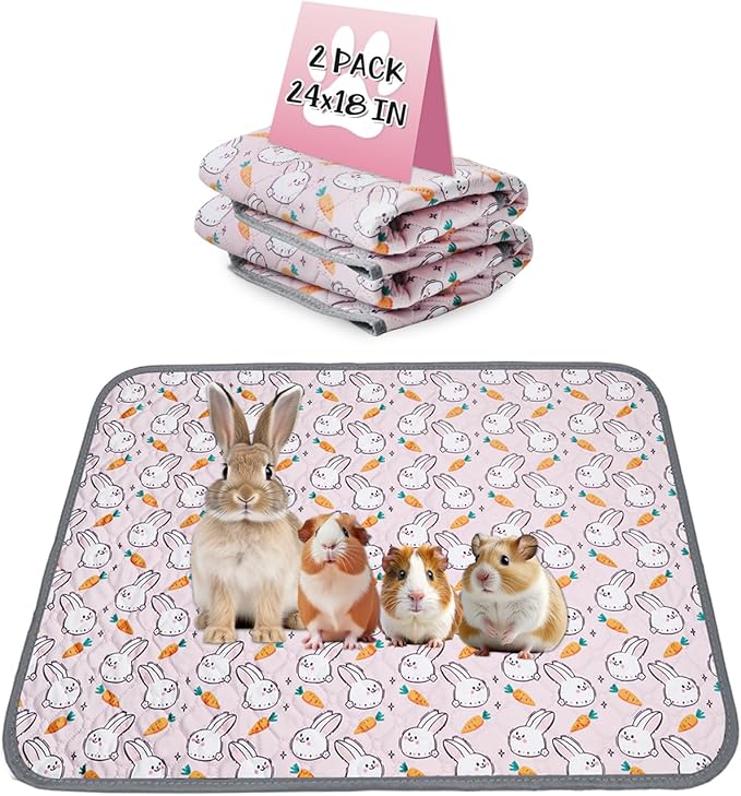 Reusable Guinea Pig Cage Liners, 24" x 18" (Pack of 2) Washable Pee Pads , Super Absorbent & Waterproof & Anti-Slip Pet Bedding Liner, Rabbit Cage Mat for Small Animals (Pink)