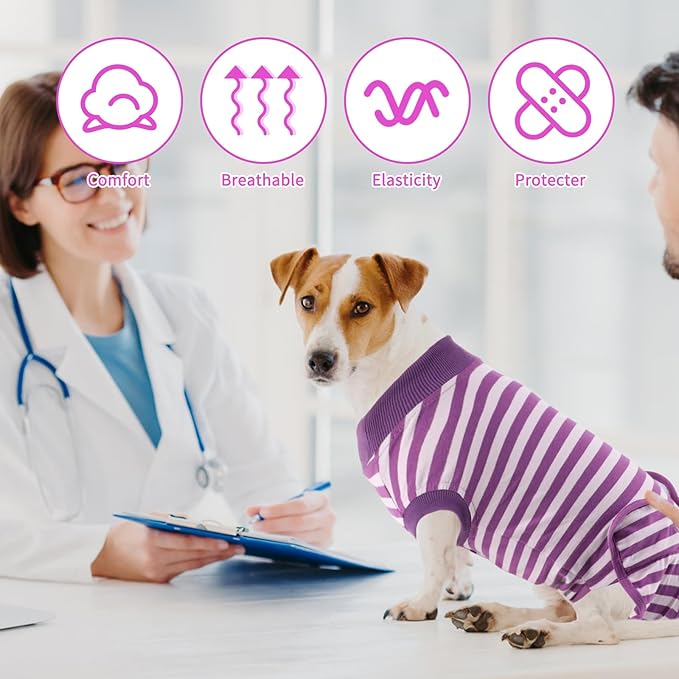 2 Packs Breathable Cotton Dog Recovery Suit for After Neuter Spay Abdominal Wounds Protector, Professional Anti-Licking Onesies for Male Female Pets Surgery Bandages, S Purple & Pink Stripes