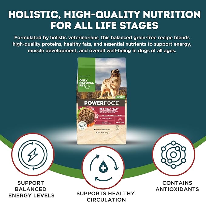 Only Natural Pet Dry Dog Food Canine PowerFood Formula - Paleo Inspired Formula with No Grain, Soy, Corn, Wheat or Oats - Red Meat Feast 20 lb Bag