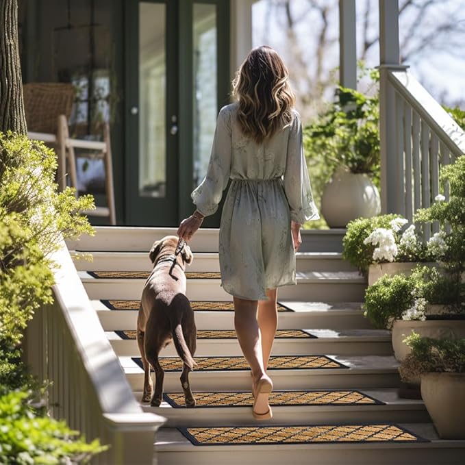 Aucuda 6pcs 8.5" x 30" Stair Treads Outdoor for Elders and Dogs on Wooden Steps, Non Slip Stair Runner Rug Heat Insulation Rubber Backing, Brown Lattice Staircase Mat Carpet for Indoor Grip Farmhouse.