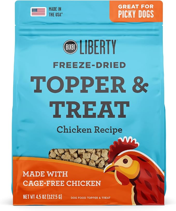 BIXBI Liberty Freeze Dried Dog Food Topper + Dog Treat, Chicken Recipe, 4.5 oz - 98% Meat and Organs - Pantry-Friendly Raw Treat or Food Topper - USA Made