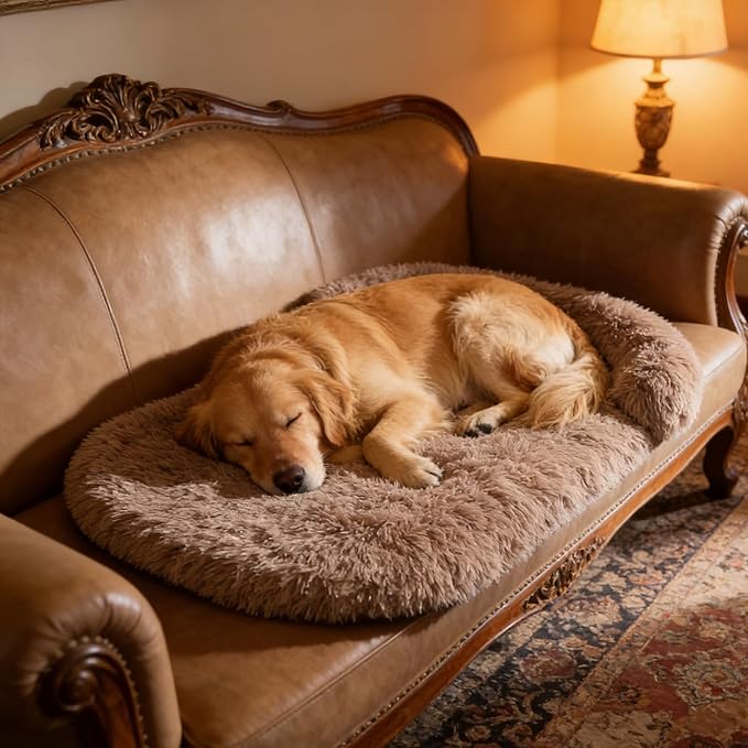 Calming Dog Beds for Medium Large Dogs, Orthopedic Cushion Plush Dogs Lounge Couch Sofa with Washable Removable Cover, Anti-Anxiety Soft Faux Fur Fits up to 40 lbs Pets (Oval, Brown 32"x24")