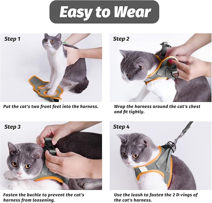 FAYOGOO Gray Escape Proof Cat Harness & Leash Set, XL (Chest 16-17.5'') for Small Cats/Dogs, Outdoor Activities