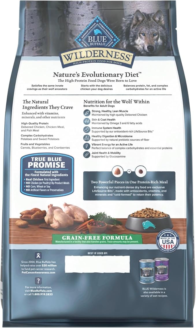 Blue Buffalo Wilderness Adult High-Protein Dry Dog Food with Real Chicken, Grain-Free, Made in the USA with Natural Ingredients, Chicken, 4.5-lb Bag