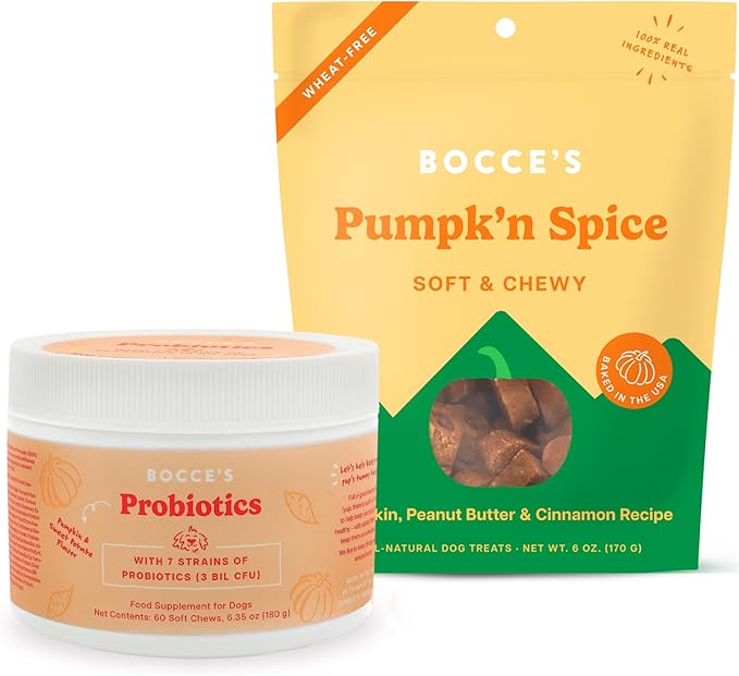 Bocce's Bakery Pumpk’n Spice Treats + Probiotic Supplement Bundle for Dogs – All-Natural, Wheat-Free Cookies & 7 Strains of Probiotics to Support Digestion – Baked in The USA with Real Ingredients