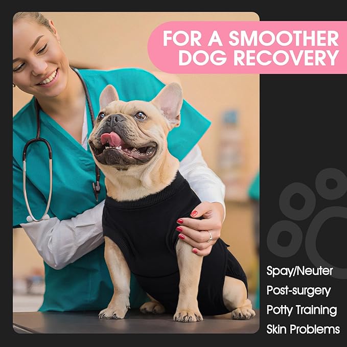 FUAMEY Dog Recovery Suit Male,Dogs Surgery Neuter Suits Puppy Spay Shirts for Female Protect Dog's Skin Anti Licking Abdominal Wounds Doggie Onesie Pet Bodysuit Alternative to Cone Black S