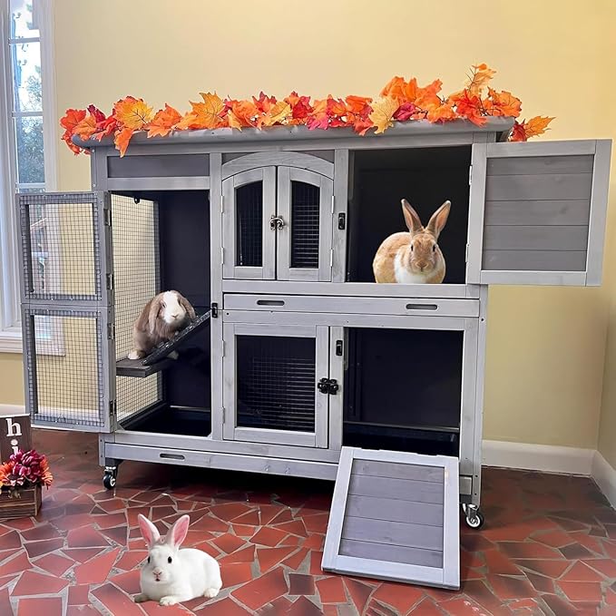 GUTINNEEN Guinea Pig Cage 2-Tier Indoor Outdoor Rabbit Hutch with Wheels, Leakproof Tray, Easy Clean Small Animal Habitat for Bunny, Hamster, Hedgehog, Ferret, Home & Garden Use