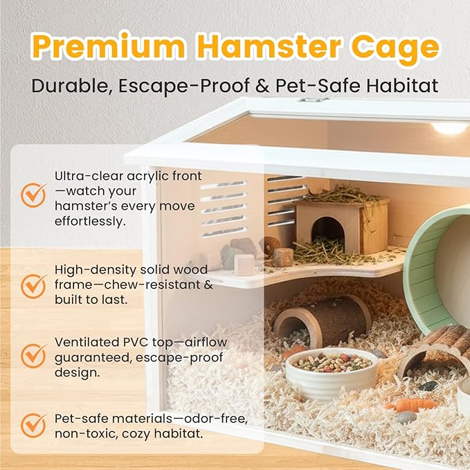 Wooden Hamster Cage Chewproof, Large Hamster Cages and Habitats, Small Animal Habitat with Openable Acrylic Sheet for Gerbil, Degus Mice, Guinea Pig, Rat& Other Small Pets（23.62in）