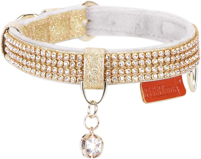 PetsHome Cat Collar, Dog Collar, [Bling Rhinestones] Premium PU Leather with Pendant Adjustable Collars for Big Cat and Small to Medium Dog Small Gold