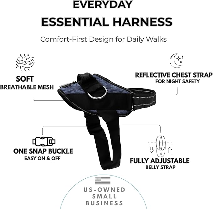 ShawnCo Essential Dog Harness, No-Pull Pet Vest with 3 Leash Clips, No Choke, Reflective, Adjustable and Padded, for Easy Walking and Training for Small, Medium and Large Dogs (Dark Camo, L)