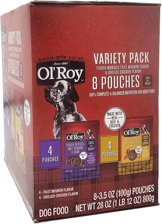 Ol' Roy Wet Dog Food Variety Pack Tender Morsels Filet Mignon and Grilled Chicken, 3.5oz Pouch (8 Count)