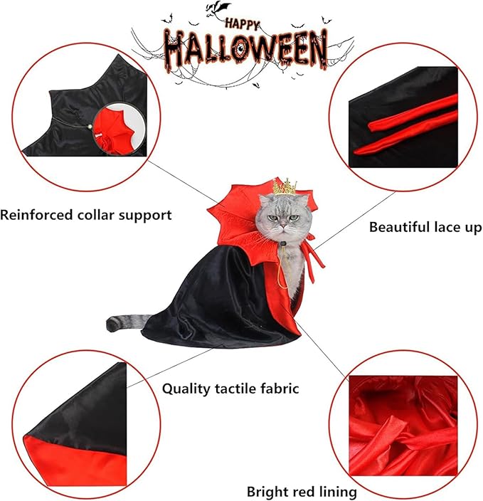 Qiansail Cat Cape Vampire Cloak Halloween Dog Costume Pet Cosplay Apparel Outfit Decor Accessories for Puppy Kitten (Black&Red)