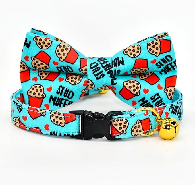 Cat Collar Bow Set, Blue Stud Muffin Cake, Wedding/Birthday Breakaway Collar Bowtie for Kitten/Cat