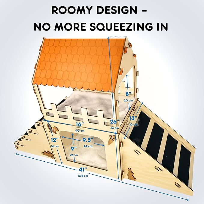 OtterPets Extra Large Bunny Hideout, Cozy Rabbit Castle with Fleece Mats, Wooden Rabbit Hideout, Bunny House Indoor Indoor, Chinchilla, Guinea Pig House
