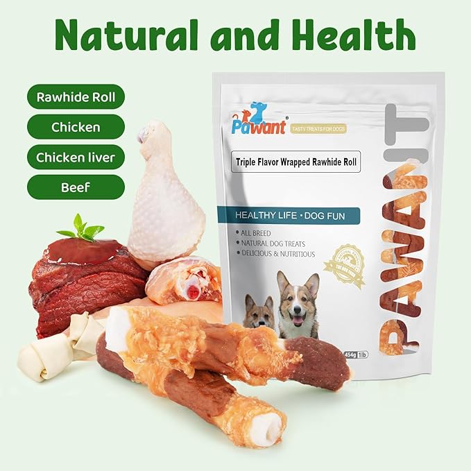 Dog Treats Triple Flavor Rolls - Chicken Liver, Beef, Chicken Wrapped Rawhide Rolls for Medium and Large Dogs Training Snacks 454g