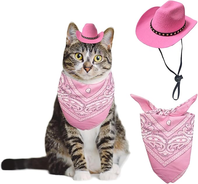 Dog Cowboy Hat Cat Cowboy Hat Mini Cowboy Hat for Dogs Cat Pet Cowboy Costume with Bandana Scarf Holiday Halloween Pet Party Decoration (Pink, Small)