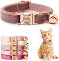 Personalized Non-Breakaway Cat Collar with Name, Luxury Soft Velvet Custom Engraved Name Collar with Bell for Kittens & Cats (Dusty Rose, S (6.5-10.5 inches))