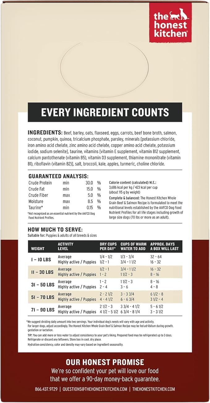 The Honest Kitchen Human Grade Wholemade™ Dehydrated Dog Food, Whole Grain Dog Food, Beef & Salmon, 4 lb (makes 16lbs)