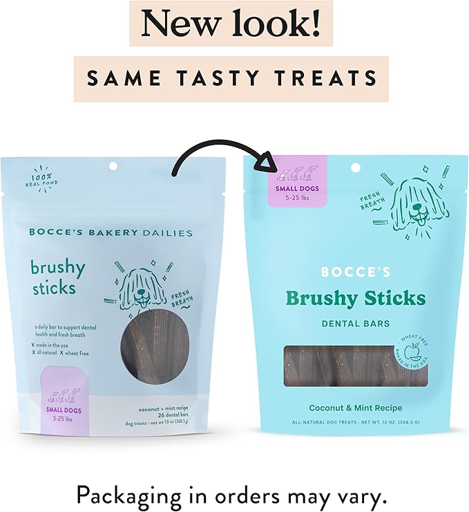 Bocce’s Bakery Dailies Brushy Sticks to Support Oral Health & Fresh Breath, Wheat-Free Dental Bars for Dogs,Made with Real Ingredients, Baked in the USA, All-Natural Coconut & Mint Recipe, (Pack of 2)