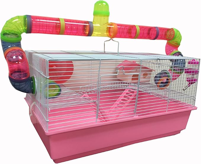 Pink Large 2-Level Expandable and Customizable Habitat Hamster Rodent Gerbil Guinea Pig Mouse Mice Cage Crossing Bridge Long Crossover Tube Deep Tray