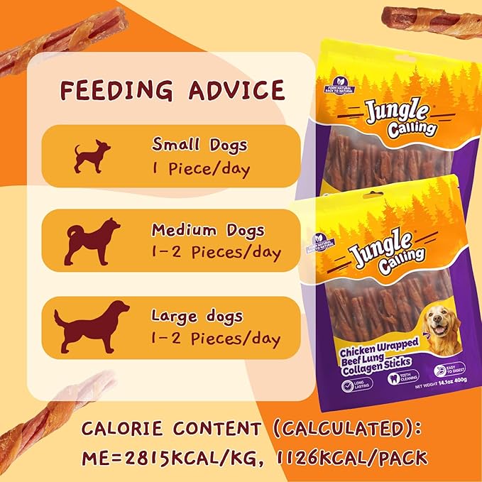 Jungle Calling 22 Count Beef Collagen Sticks, Long Lasting Dog Chews, Chicken Wrapped Treats, Rawhide Alternative for Small Medium Large Dogs, Dental Health, Beef Lung Flavored Bones,14.1 oz
