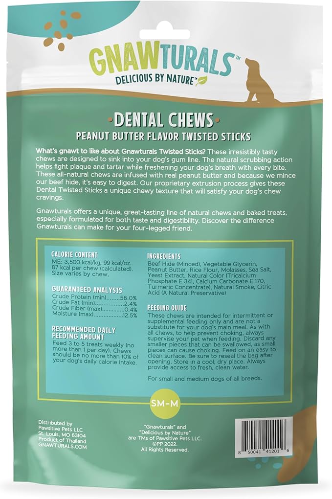 Dental Chews Twisted Sticks | for Medium and Large Dogs | USA Sourced Beef-Hide | Natural Scrubbing Action Fights Plaque and Tartar Refreshing Your Dog's Breath (5 Sticks, Peanut Butter)
