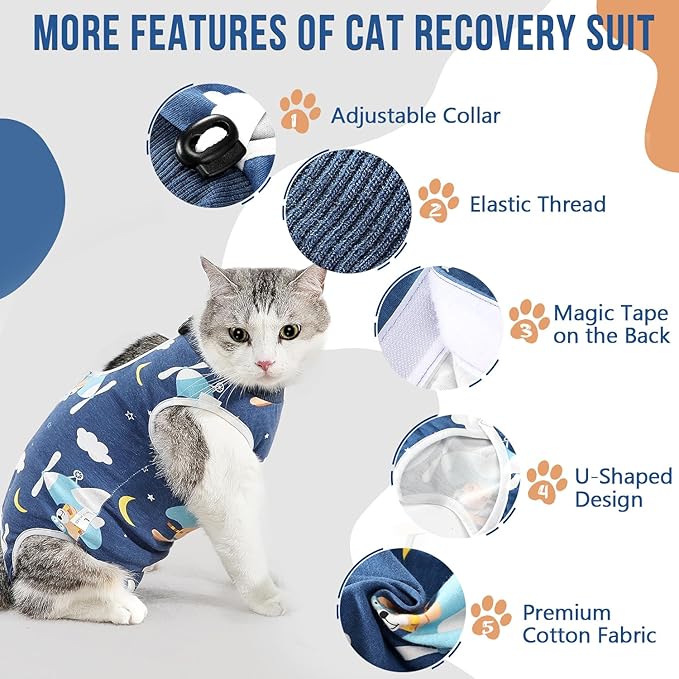 SlowTon Cat Recovery Suit - Cat Onesie for Cats After Surgery Female Male, Kitten Clothes Cats Surgical Spay Suit Abdominal Wounds, E-Collar Alternative Bodysuit Shirt Anti-Licking (Navy, S)