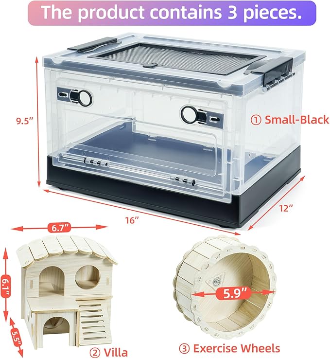 Hamsters Cage Large, Foldable Portable 360° Viewing Ventilated Cages with Villas, Exercise Wheels, for Hamsters, Rats, Dwarf Hamsters, Gerbils, Guinea Pigs Black, 16" L x 12" W x 9.5" H