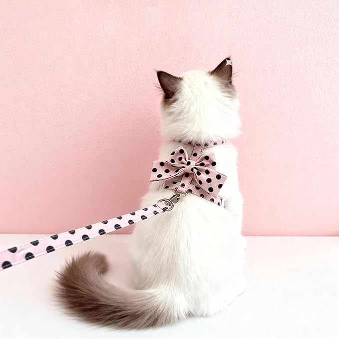 Cat Harness and Leash Set, Sweet Bow Accent Kitten Collar, Escape Proof Pink Dog Harness, Cute Polka Dot Print Puppy Collar, Girl Dog Leash for Small Dogs Cats Outdoor Walking (Pink, M)