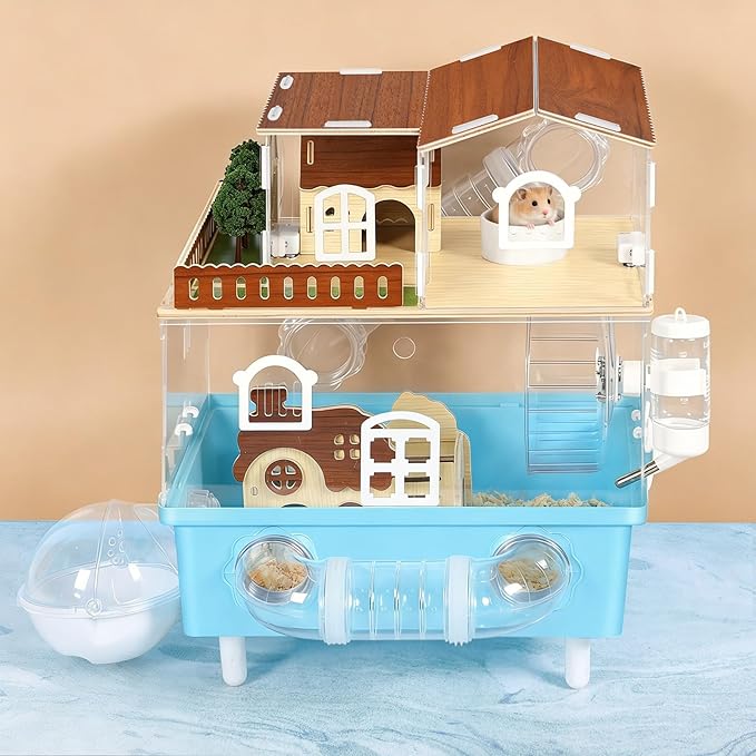 Acrylic Hamster Cage 9-in-1 Hamster Habitats with All Accessories 13.3"L x 9.8"W x 17.4"H Clear Hamster House for Syrian Gerbils Hamster, Dwarf Hamster Hideout 2 Tier Small Animal Cages for Pet Mice