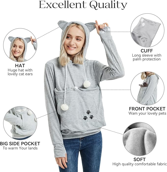 YYW Womens Pet Hoodies Pullover Sweatshirt Oversized Cat Hoodies Pet Holder Cat Dog Pouch Carriers (Gray,4X-Large)