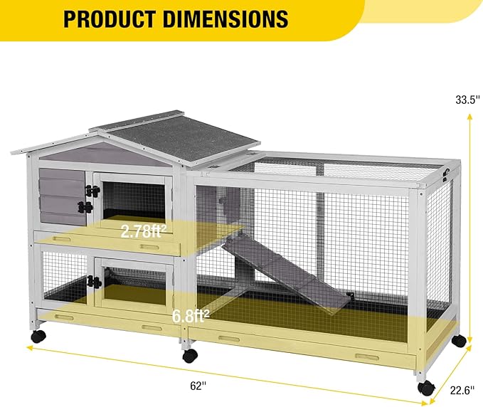 Aivituvin Rabbit Hutch Indoor 2 Story Bunny Cage Outdoor Guinea Pig Cage with Caster Wheels Chicken Coop with Run, 3 Pull Out Tray