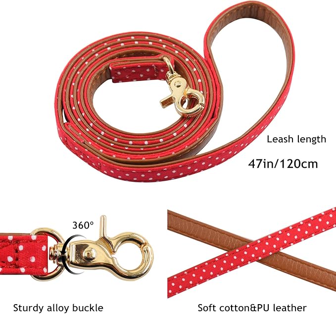 3PCS Bow Tie Dog Collar and Leash Set Plaid/Camo/Dots/Flower Dog Bandanas with Bell 3 Size Adjustable for Small Dogs Puppies and Cats (M, Red Dots)