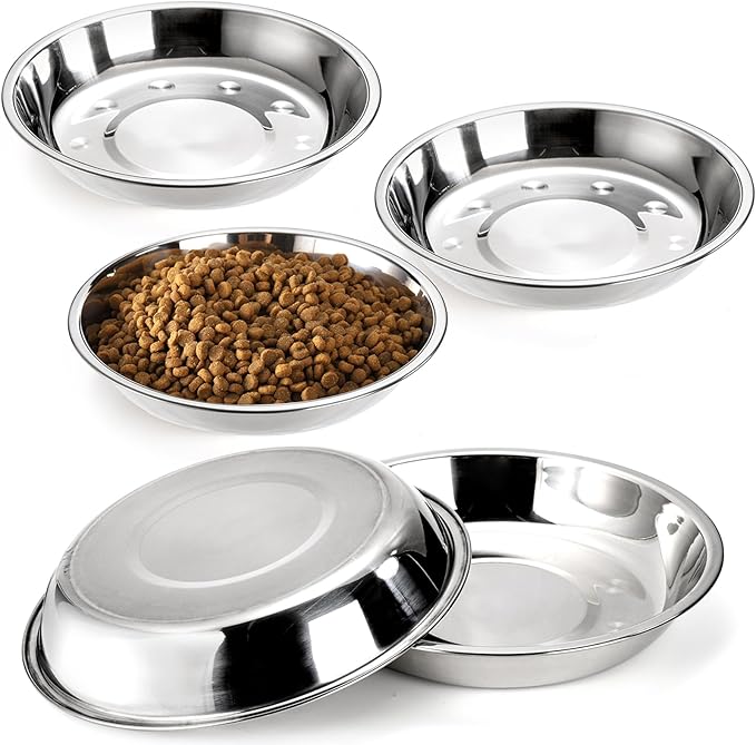 DEAYOU 5 Pack Stainless Steel Cat Bowls, 7.7" Wide Shallow Cat Food and Water Dish, 16 OZ Basic Pet Feed Bowl, Metal Replacement Bowl Plate for Kitten, Puppy, Dog, Elevated Stand, Whisker Friendly