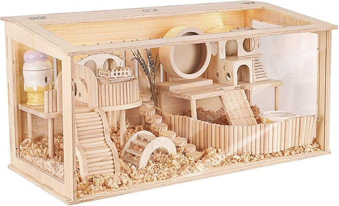 Wooden Hamster Cage, 32"x16" Large Hamster Hideout Openable Top with Acrylic Sheets Built, Suit for Sugar Glider, Gerbil, Big Guinea, No Decoration
