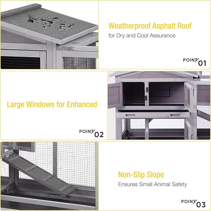 Aivituvin Rabbit Hutch 62" Rabbit Cage Indoor Outdoor Guinea Pig Cage on Wheels Bunny Cage with 3 Deep No Leakage Pull Out Tray,Waterproof Roof (Grey)