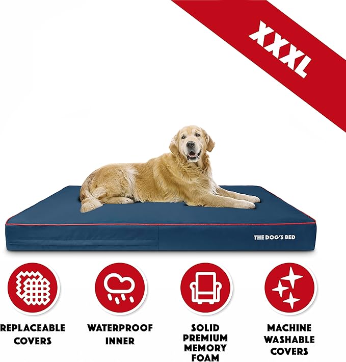 The Dog’s Bed Orthopedic Memory Foam Dog Bed for XXXL Dogs, Waterproof Washable Cover, Anti-Slip Base, Calming Surface – CertiPUR-Certified Foam, Blue with Red Trim, 6 Inch Thick