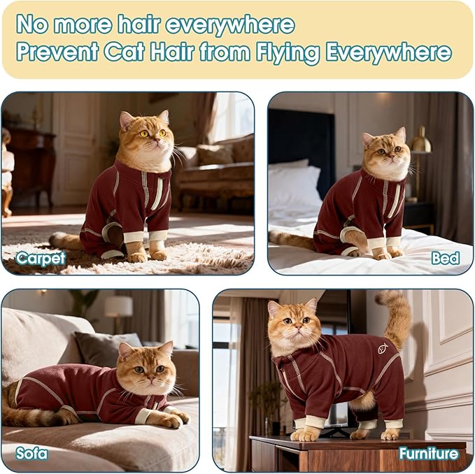ROZKITCH Cat Sweaters for Cats Only, Cat Hair Sticky Shirt Reduce Shedding Around Your Home Over Grooming, Four Leg Surgery Suit Onesie After Surgery Cover Wound Brown S