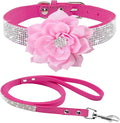 Cute Dazzling Sparkling Elegant Fancy Soft Suede Leather Bling Rhinestone Crystal Jeweled Pet Cat Dog Puppy Collar Dog Leash Combo Set (Hot Pink7, M), Medium