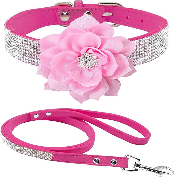 Cute Dazzling Sparkling Elegant Fancy Soft Suede Leather Bling Rhinestone Crystal Jeweled Pet Cat Dog Puppy Collar Dog Leash Combo Set (Hot Pink7, M), Medium