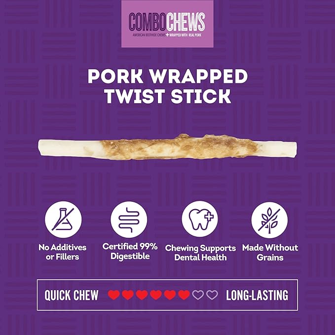 Combo Chews Beefhide Twist Sticks 5" w/Pork Meat Wrap Dog Chew Treats - 20 Count/1 Pack